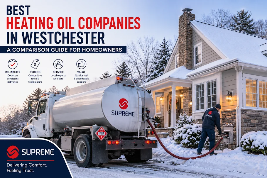 Supreme Oil heating oil tanker delivering to a Westchester home in winter