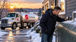 Homeowner checking a heating oil tank outside a snow-covered home as an oil delivery truck approaches